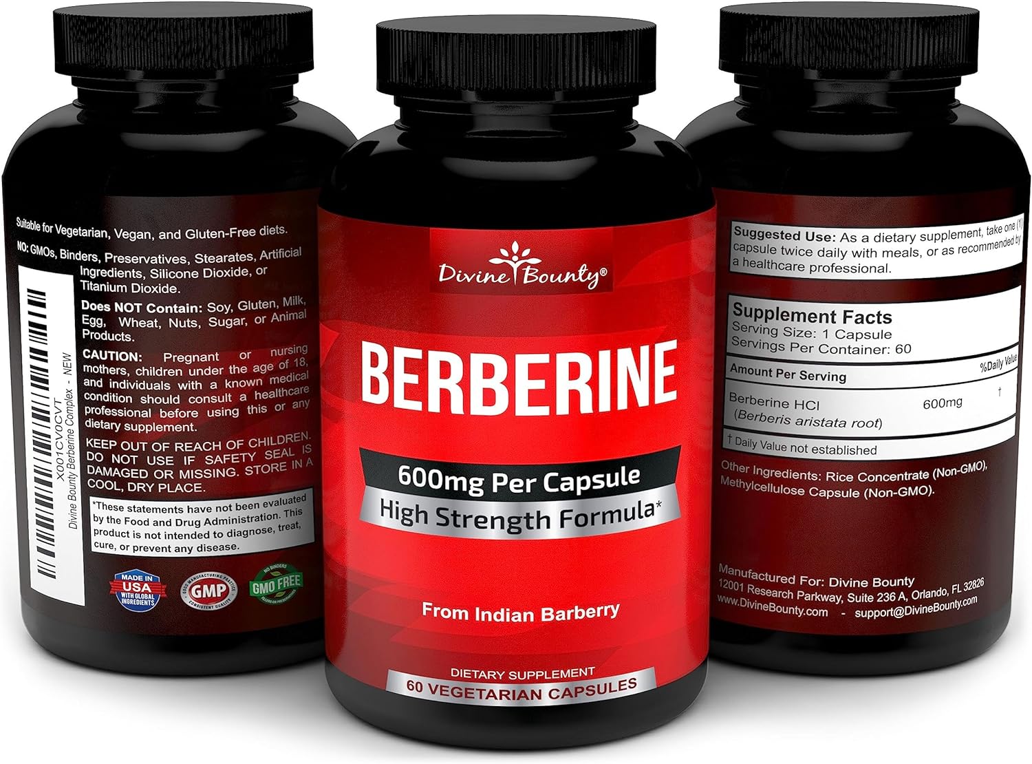 Divine Bounty Pure Berberine Complex - 600mg Per Capsule Berberine HCl Supplement - 60 Vegetarian Capsules : Health & Household