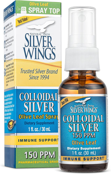 Natural Path Silver Wings Colloidal Silver Olive Leaf 150 PPM, 1 Fl Oz Liquid Spray - 1oz Glass Bottle 150ppm Strength - Natural Herbal & Mineral Nutritional Supplement - Healthy Throat Spray Support