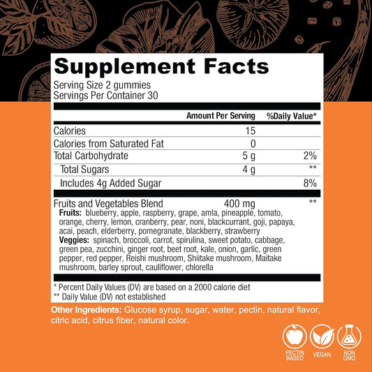 Country Farms Fruits And Veggies Gummies, With Over 40 Farm Fresh Fruits & Vegetables, Packed With Powerful Antioxidants, (Spirulina, Blueberry, Mushrooms), Daily Whole Food Supplement, Pectin Based