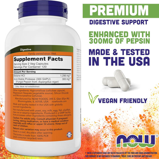 Now Betaine Hcl 648Mg 240 Veg Capsules (Pack Of 2) - Digestive Enzymes Supplement - Enhanced With Pepsin Protease For Protein Digestion Support