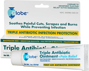 Globe Triple Antibiotic + Pain Relief Dual Action Ointment 1Oz | First Aid Antibiotic | Soothes Pain, Cuts, Burns And Scrapes | 24 Hour Infection Protection (1 Tube)