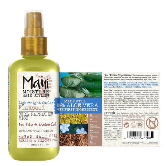 Maui Moisture Lightweight Curls + Flaxseed Curl Refresher Mist, Conditioning And Moisturizing Spray With Aloe Vera, Flaxseed Oil, Coconut Water, Vegan, Paraben Free, Silicone Free, 8 Fl Oz