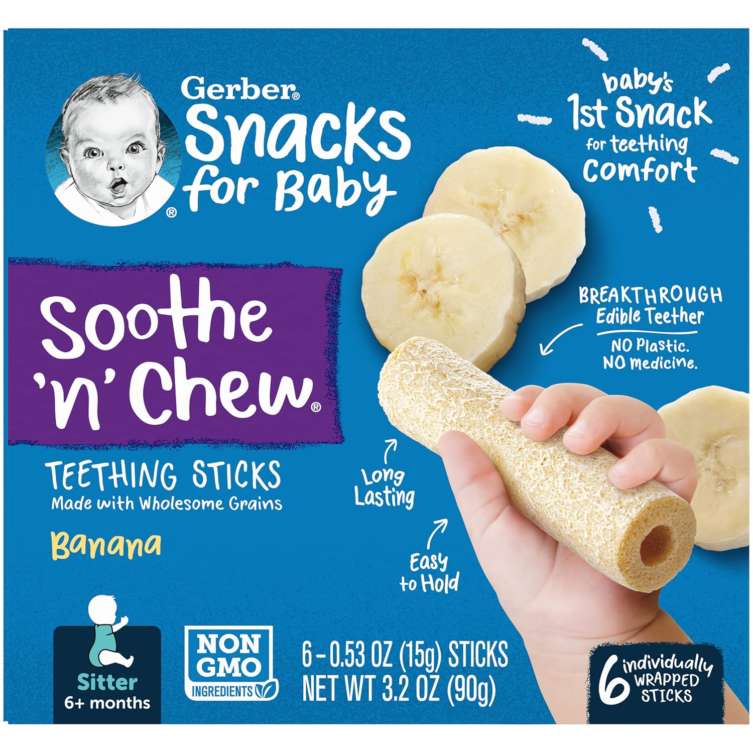 Gerber Baby Food, Sitter, Soothe N Chew Teething Sticks, Banana, 6 Count