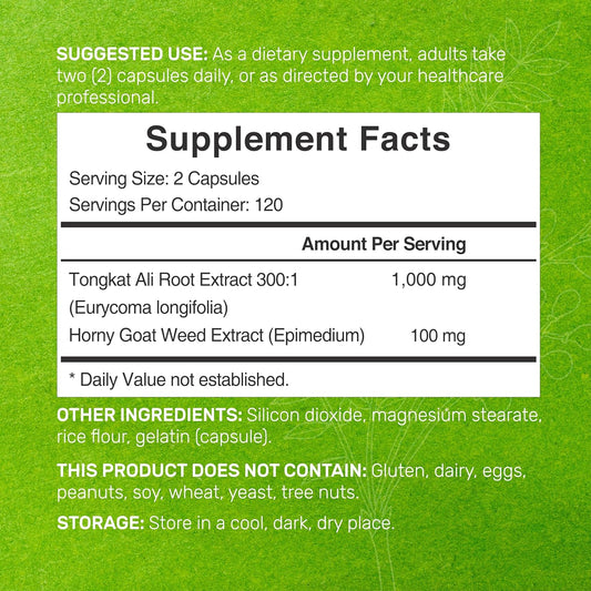Tongkat Ali Extract 300:1 With Horny Goat Weed 1,100Mg, 240* Capsules – Indonesian Longjack