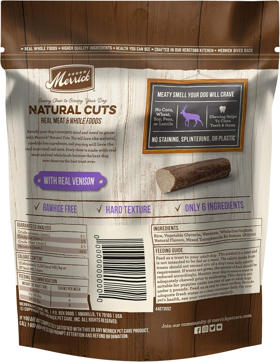 Merrick Natural Cuts Chicken Free Non Rawhide Small Dog Treats, Hard Texture Chew Sticks With Real Venison - 11 ct. Pouch : Pet Supplies