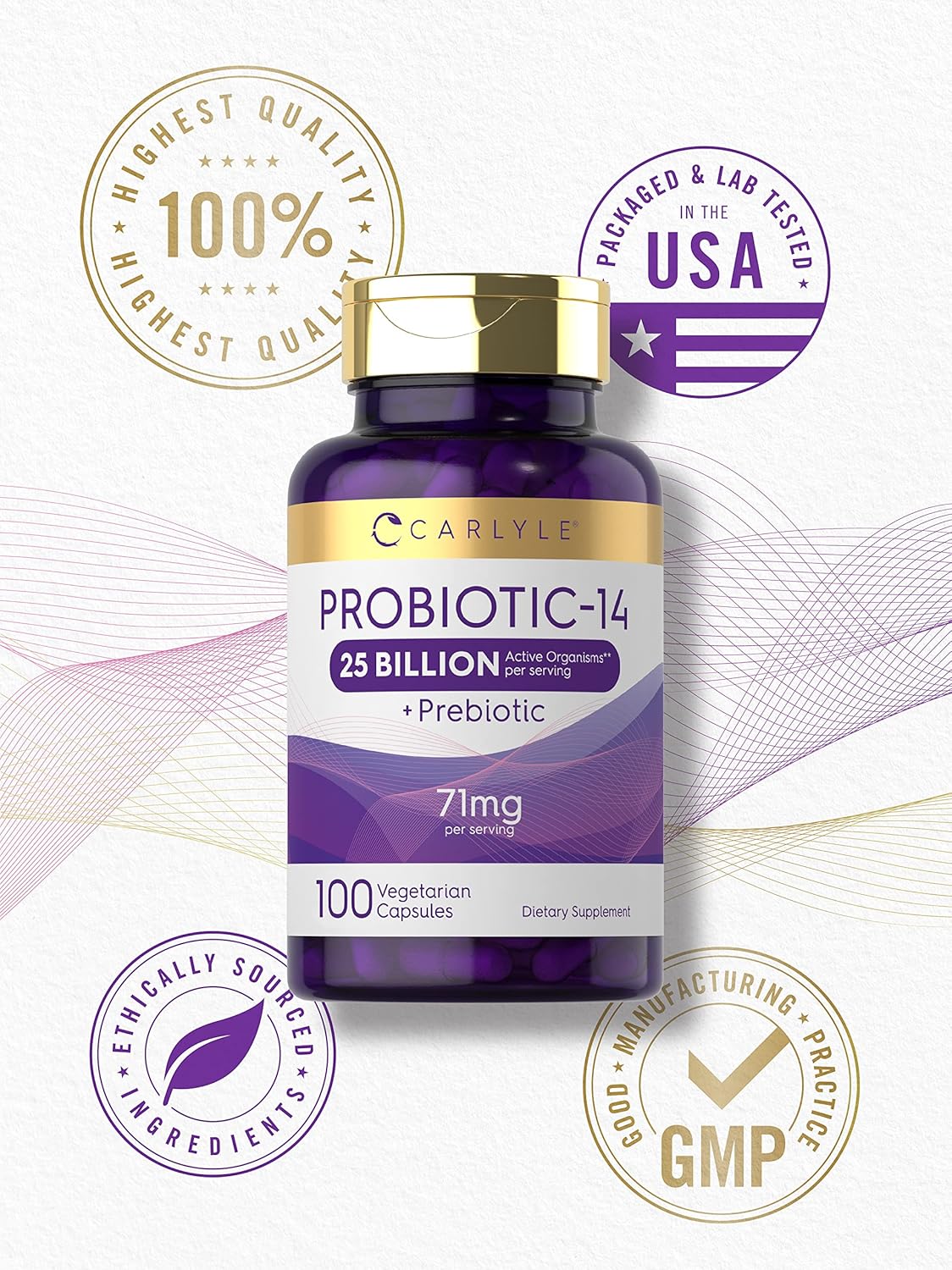 Carlyle Probiotics 25 Billion CFU | with Prebiotics | 100 Capsules | Vegetarian, Non-GMO, & Gluten Free Supplement | for Men & Women : Health & Household