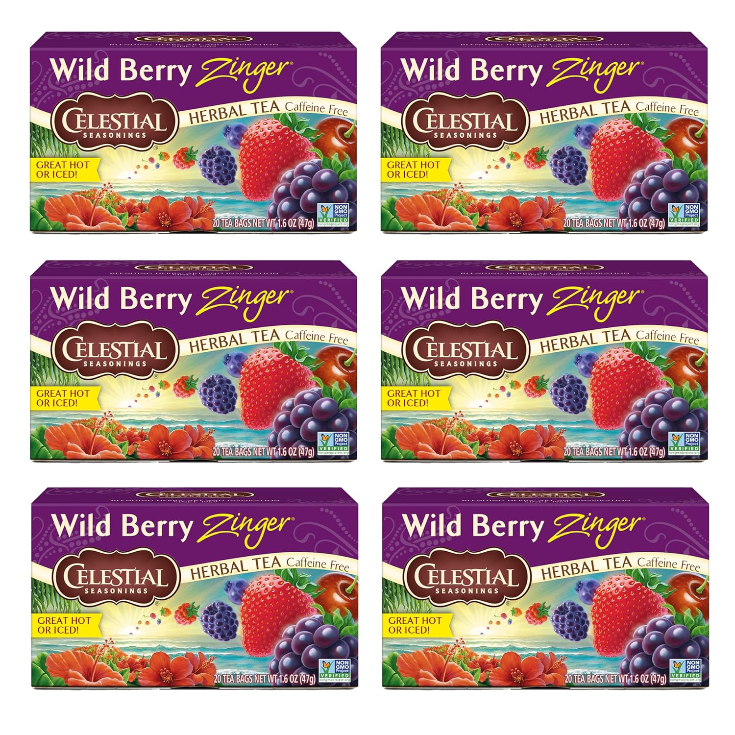 Celestial Seasonings Wild Berry Zinger Herbal Tea, Caffeine Free, 20 Tea Bags Box, (Pack Of 6)