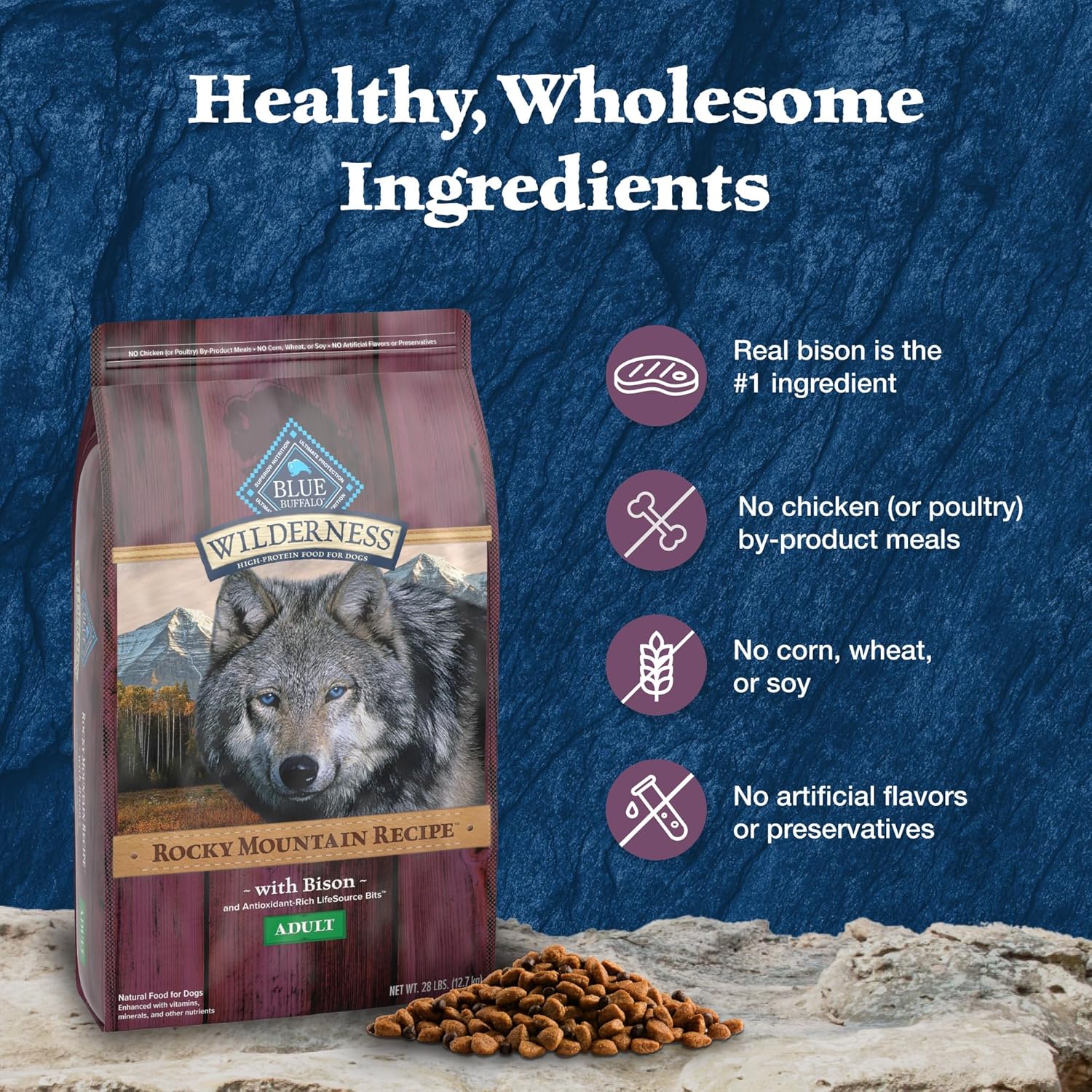 Blue Buffalo Wilderness Rocky Mountain Recipe High-Protein Adult Dry Dog Food, Made in the USA with Natural Ingredients Plus Wholesome Grains, Bison, 28-lb. Bag : Pet Supplies