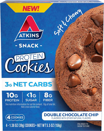 Atkins Double Chocolate Chip Protein Cookie, Protein Dessert, Rich in Fiber, 3g Net Carbs, 1g Sugar, Keto Friendly, 4 Count