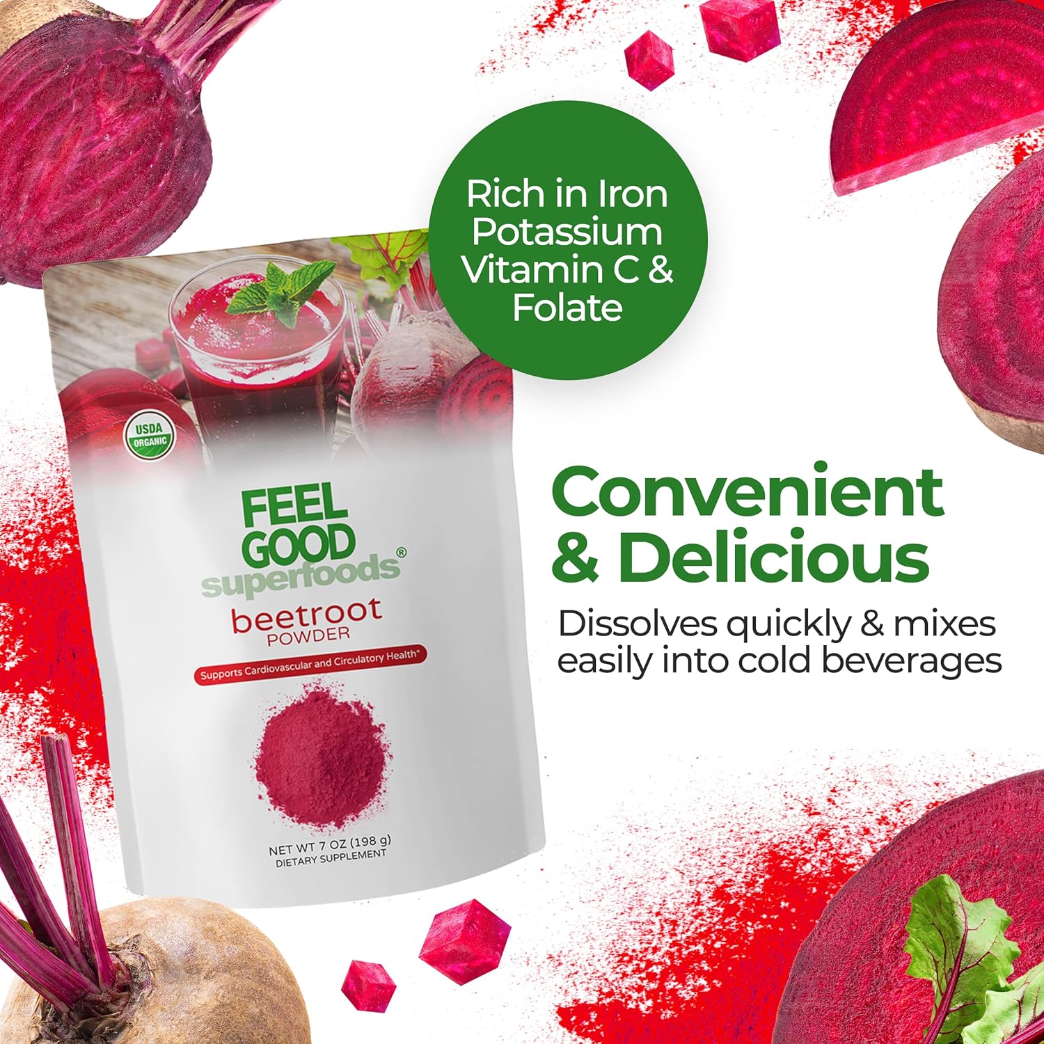 Feelgood Superfoods Fortified Organic Beetroot Powder - Nitric Oxide Booster For Cooking And Smoothies - Pure Beets With 10:1 Beet Root Extract - Supports Cardiovascular And Circulatory Health - 7 Oz : Grocery & Gourmet Food