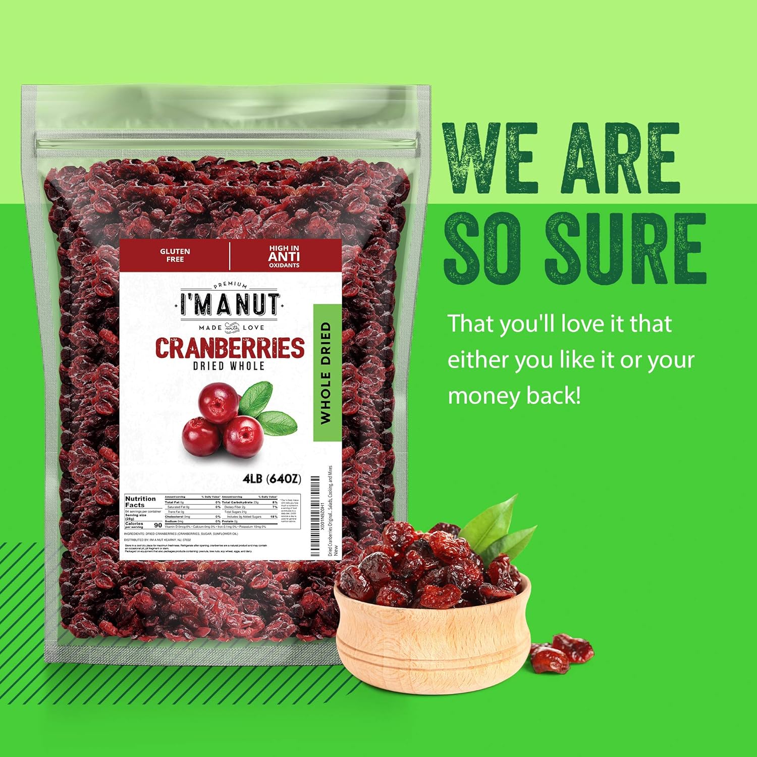 Dried Cranberries Original 4 Lbs,(64Oz) Batch Tested Gluten & Peanut Free | Resealable Bag | High In Antioxidant | Great For Salads Cooking, And Mixes/Sweetened