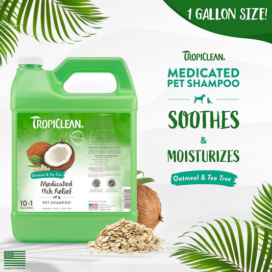 TropiClean Dog Shampoo Grooming Supplies - Medicated Itch Relief Cat & Dog Shampoo for Itchy Skin & Allergies - Derived from Natural Ingredients - Used by Groomers - Oatmeal & Tea Tree, 3.8L?TRTTSH1G