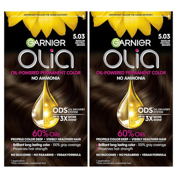 Garnier Hair Color Olia Ammonia-Free Brilliant Color Oil-Rich Permanent Hair Dye, 5.03 Medium Neutral Brown, 2 Count (Packaging May Vary)