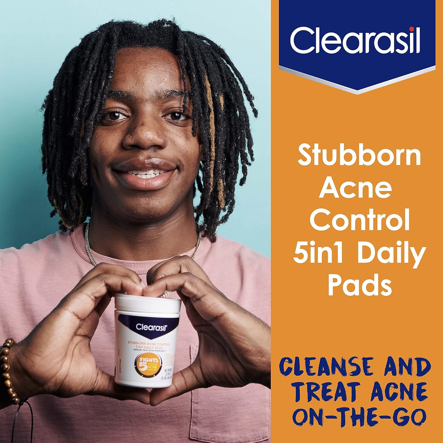 Clearasil Stubborn Acne Control 5in1 Daily Facial Cleansing Pads, with Salicylic Acid Acne Treatment Medicine, 90 Count : Beauty & Personal Care