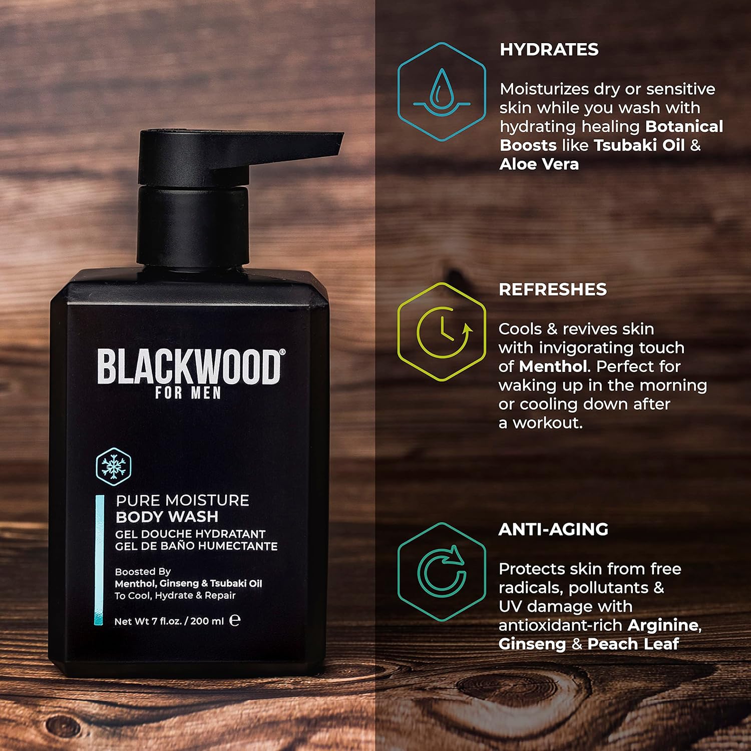 Blackwood For Men Pure Moisture Body Wash - Infused With Ginseng & Menthol - Natural Vegan Formula For Sensitive Skin And Workout Recovery - Sulfate Free, Paraben Free, & Cruelty Free (7 Oz) : Beauty & Personal Care