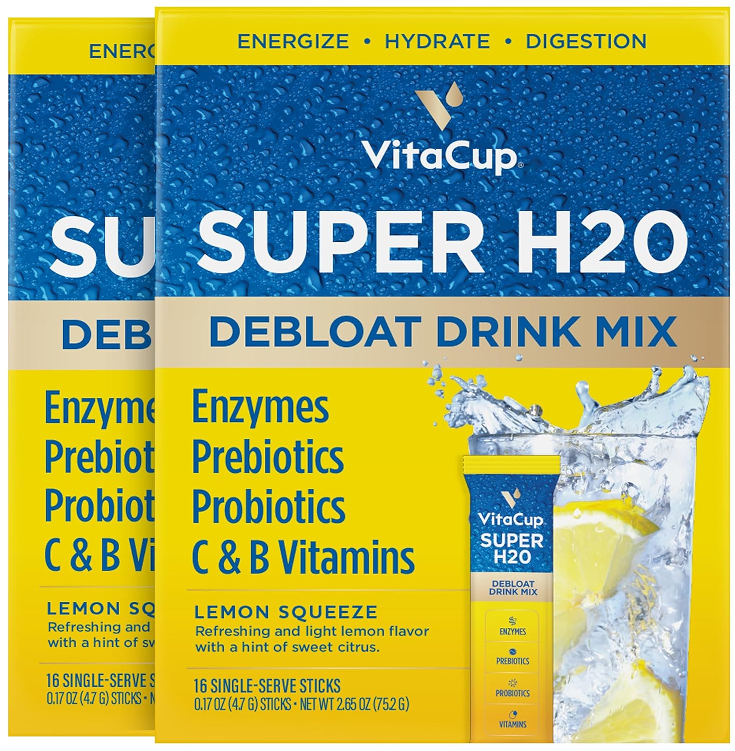 Vitacup Super H2O Bloating Relief And Digestive Health Drink Mix Packets, Probiotics, Prebiotics, C & B Vitamins, Lemon Flavor Water Enhancer Packets, 32 Ct