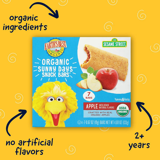 Earth'S Best Organic Kids Snacks, Sesame Street Toddler Snacks, Organic Sunny Days Snack Bars For Toddlers 2 Years And Older, Apple With Other Natural Flavors, 7 Bars Per Box (Pack Of 6)