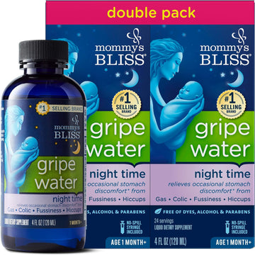 Mommy's Bliss Gripe Water Night Time, Relieves Stomach Discomfort From Gas, Colic, Fussiness, & Hiccups, Gentle & Safe, For Infants Age 1 Month+, 4 Fl Oz (Pack of 2)