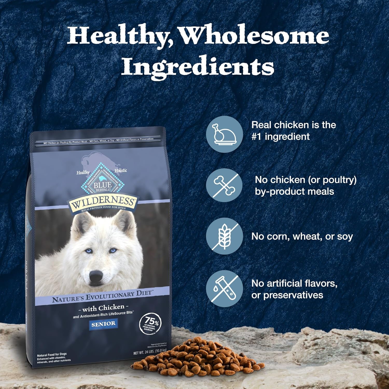 Blue Buffalo Wilderness Senior High Protein Dry Dog Food With Real Chicken Plus Wholesome Grains, Made in the USA with Natural Ingredients, Chicken, 24-lb. Bag