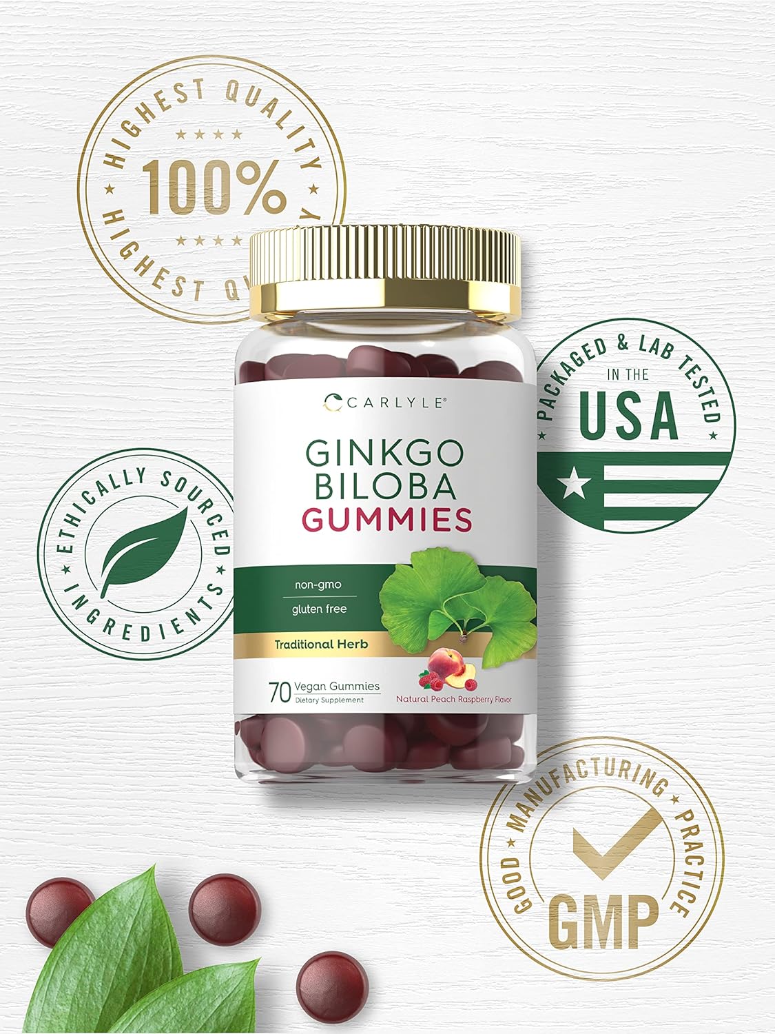 Carlyle Ginkgo Biloba 300mg | 70 Gummies | 45:1 Leaf Extract | with Peach Raspberry Flavor | Vegan, Non-GMO, Gluten Free Supplement : Health & Household
