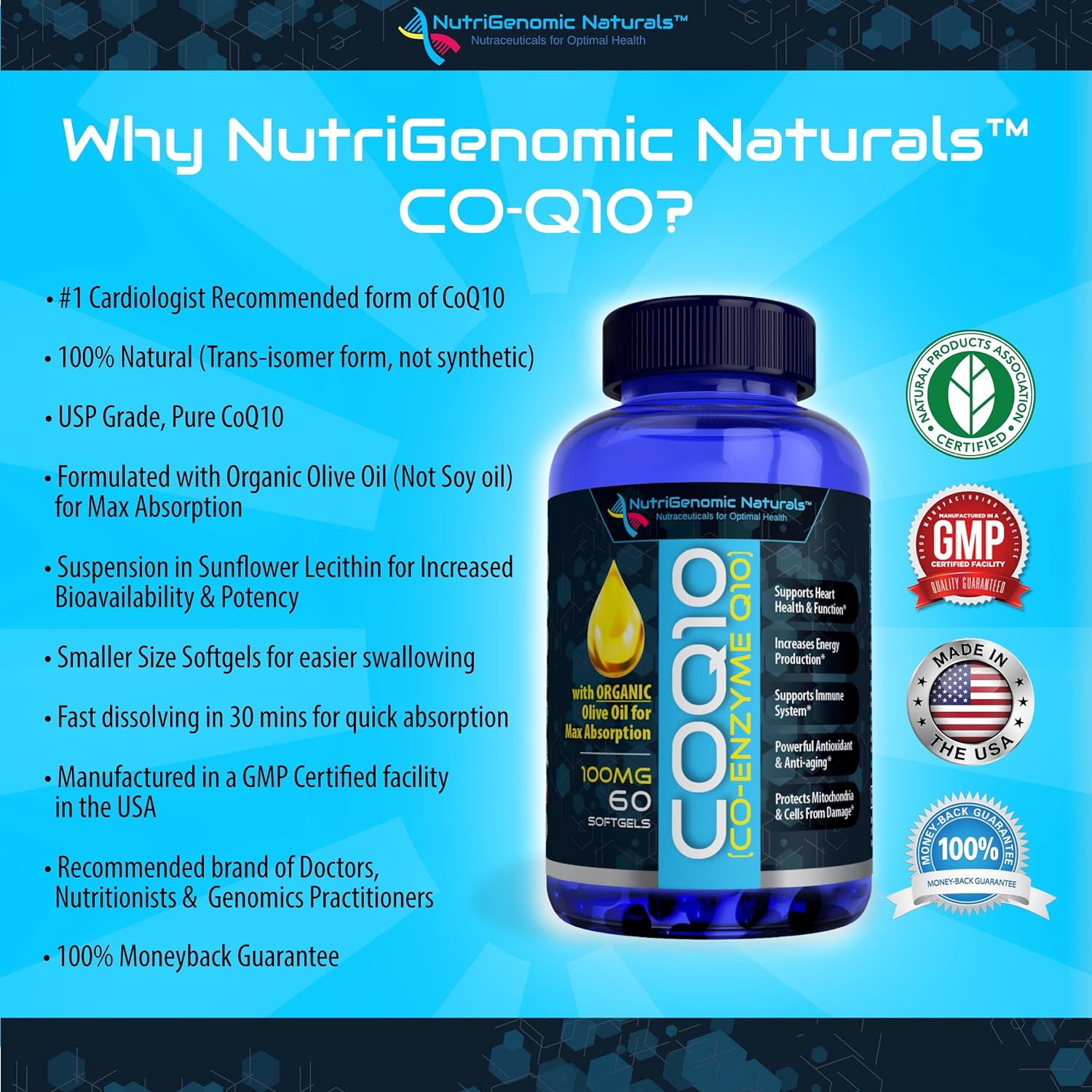 CoQ10, Coenzyme Q10, Highest Absorption with Organic Olive Oil, 100mg, 60 Softgels, Ubiquinone, Ubiquinol, Supports Heart Health, Increases Energy, Pure, Natural, Effective, NutriGenomic Naturals® : Health & Household