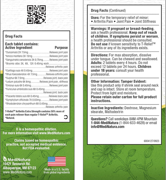 T-Relief Extra Strength Arthritis Pain Reliever Arnica +12 Natural Medicines For Joint Soreness Stiffness Aches, Quick Dissolving Pain Relief For Women & Men - 100 Tablets