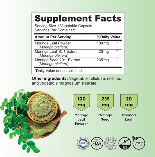 Moringa Oleifera Capsules - Natural Superfood Packed with Vitamins & Minerals for Digestion & Energy - with Antioxidant & Nutritional Support - 1 Pack - 90 Capsules, 90 Days Supply