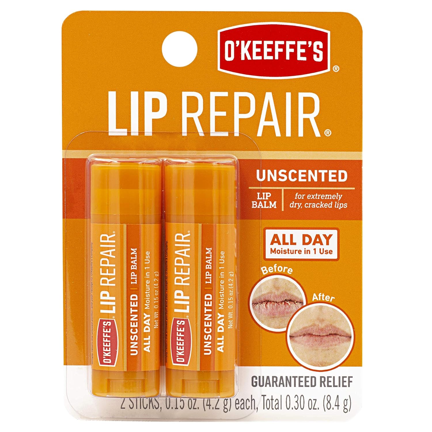 O'Keeffe's Unscented Lip Repair Lip Balm for Dry, Cracked Lips, Stick, Twin Pack