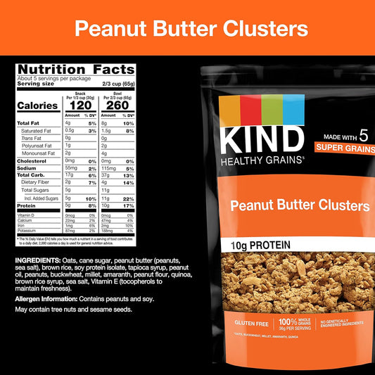 Kind Healthy Grains Granola, Peanut Butter Clusters, Healthy Snacks, Gluten Free, 100% Whole Grains, 10G Protein, 11Oz, 6 Count