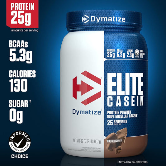 Dymatize Elite Casein Protein Powder, Slow Absorbing With Muscle Building Amino Acids, 100% Micellar Casein, 25G Protein, 5.4G Bcaas & 2.3G Leucine, Helps Overnight Recovery, Rich Chocolate, 2 Pound