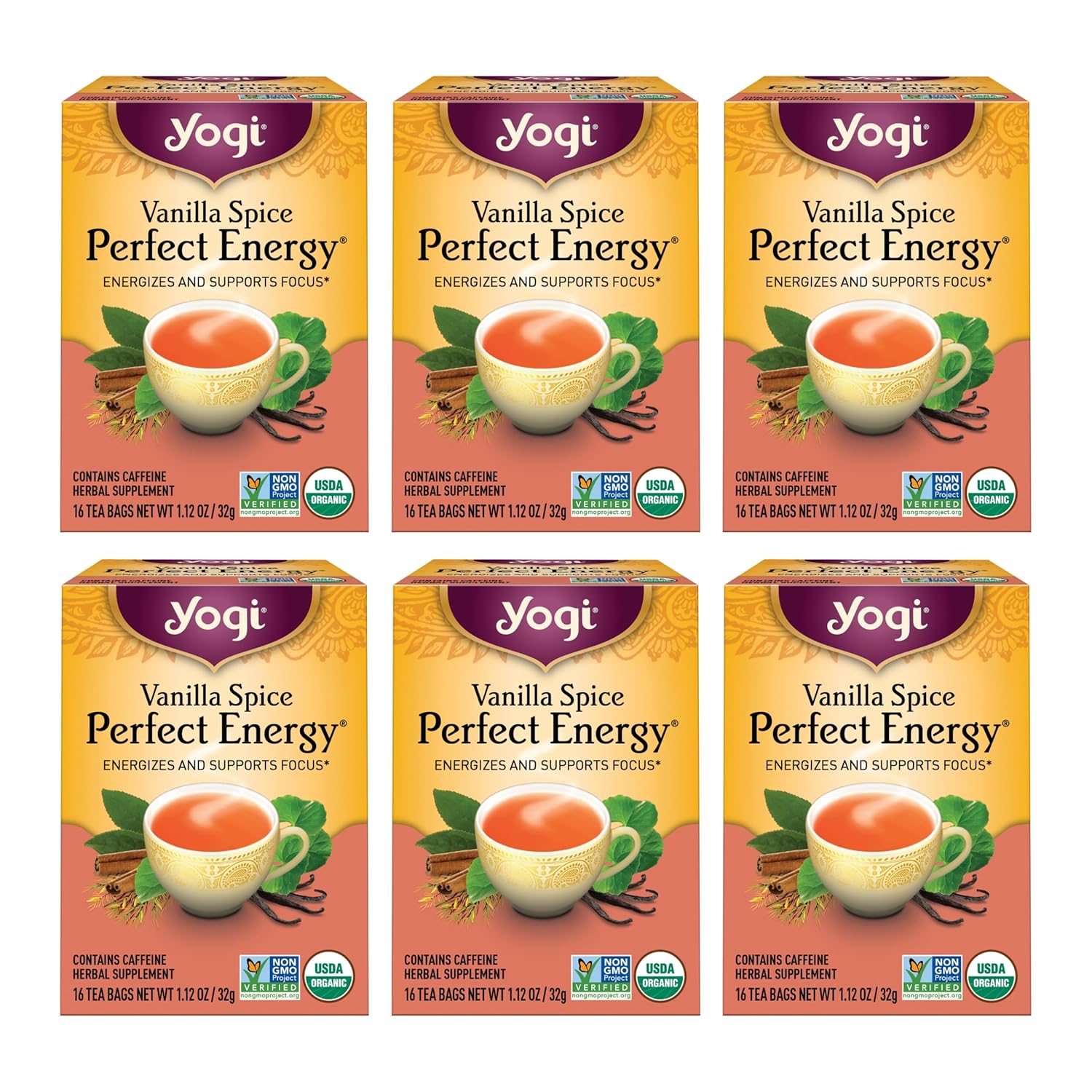 Yogi Tea Vanilla Spice Perfect Energy Tea - 16 Tea Bags Per Pack (6 Packs) - Organic Vanilla Energy Tea - Focus Tea - Includes Green Tea, Black Tea, Ashwagandha, L-Theanine & More