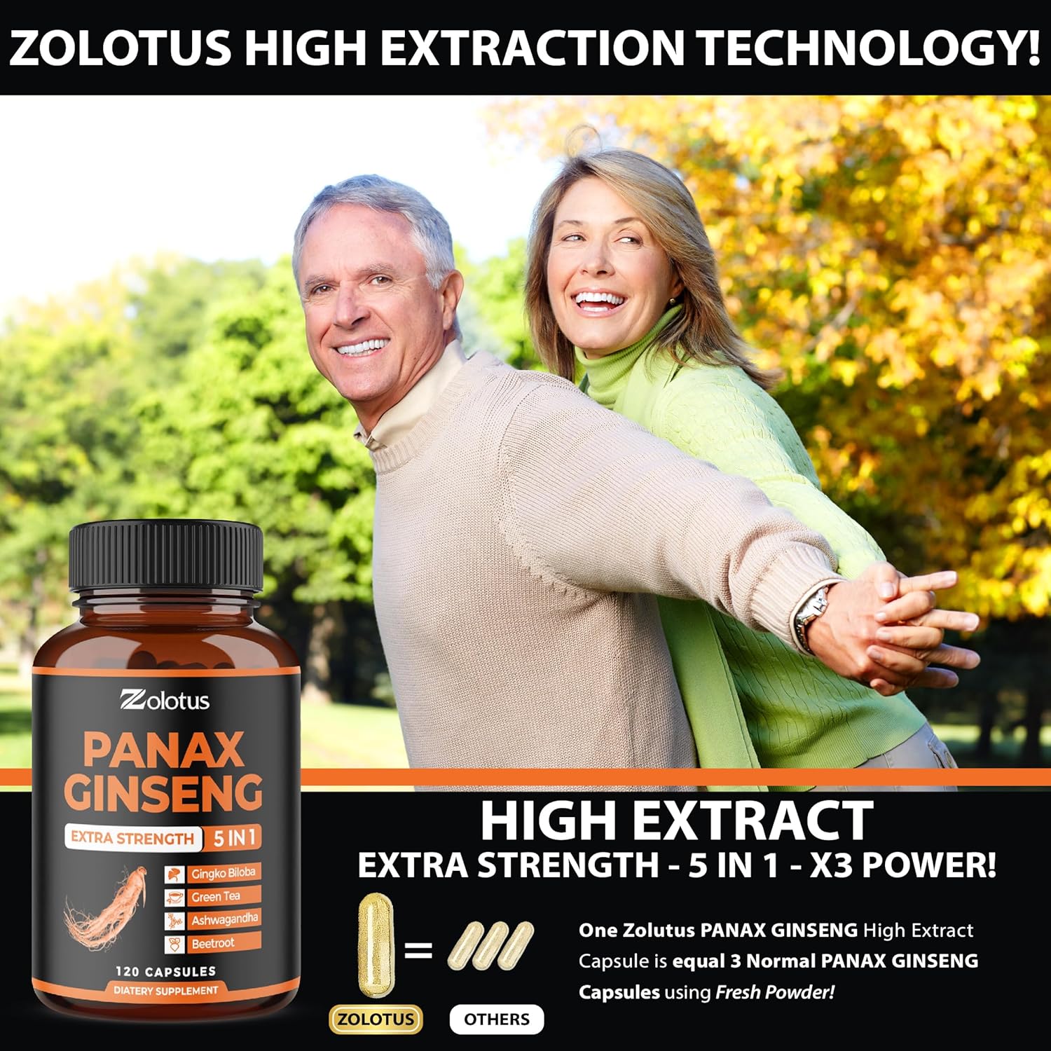 Zolotus Korean Red Panax Ginseng + Ginkgo Biloba - 2800mg Extra Strength with Ashwagandha, Beetroot, Green Tea - Support Strength, Stamina, Energy Production & Mood Balance - 120 Capsules : Health & Household