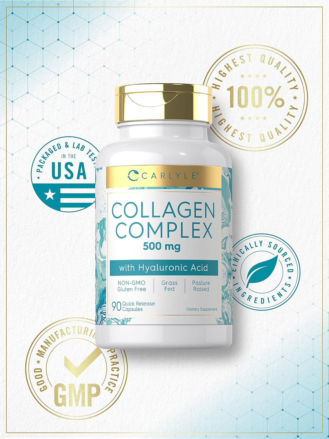 Carlyle Collagen Pills with Hyaluronic Acid 500mg | 90 Capsules | Hydrolyzed Collagen Supplement | Non-GMO, Gluten Free : Health & Household