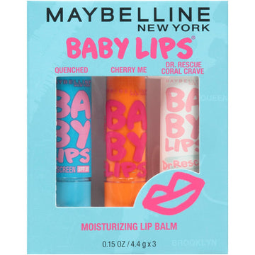 Maybelline New York Baby Lips Moisturizing Lip Balm 3-Pack, Lip Care Essentials, 3 Shades