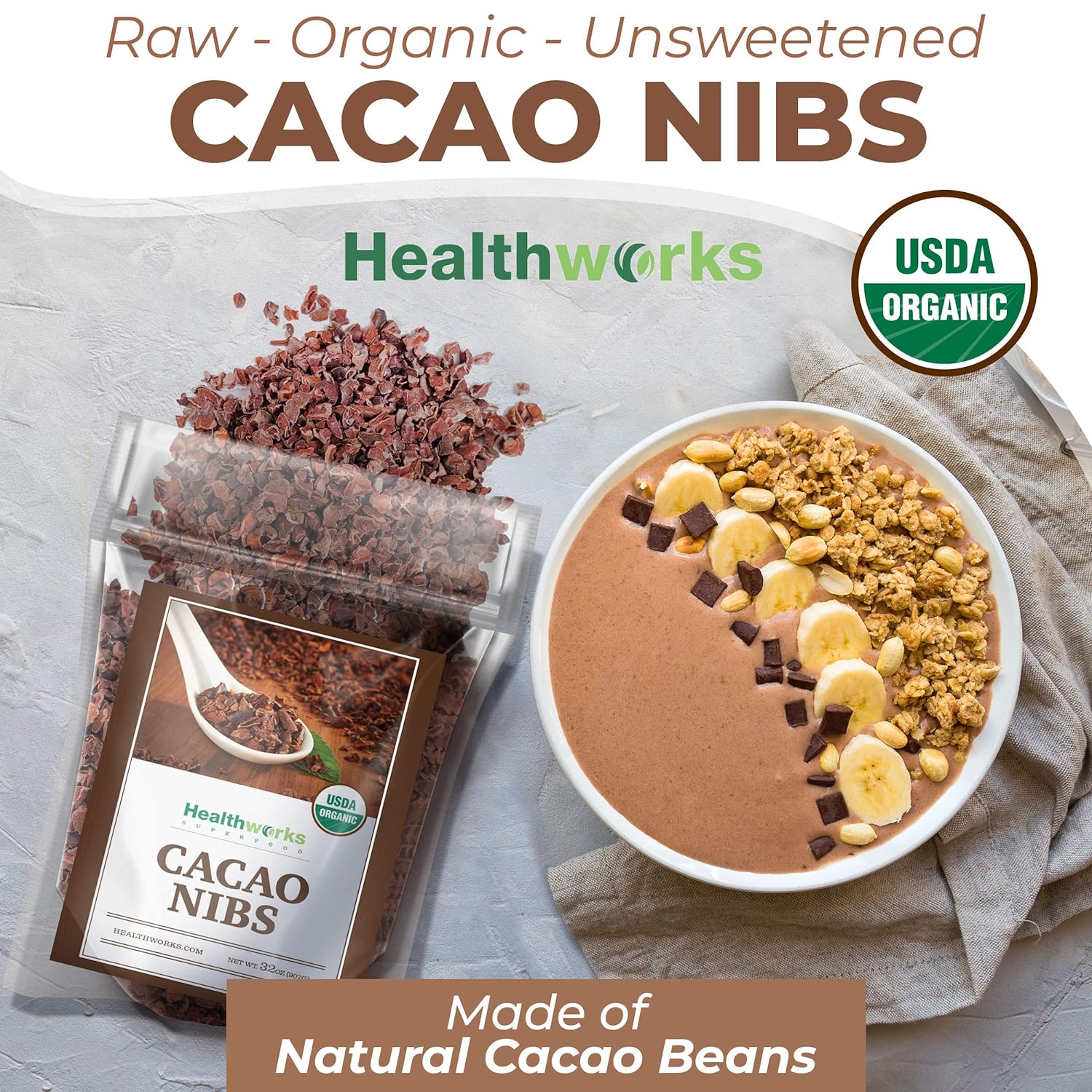 Healthworks Cacao Nibs Raw Organic (32 Ounces / 2 Pound) | Criollo Bean | Unsweetened Chocolate Substitute | Certified Organic | Keto, Vegan & Non-GMO | Antioxidant : Baking Cocoa : Grocery & Gourmet Food