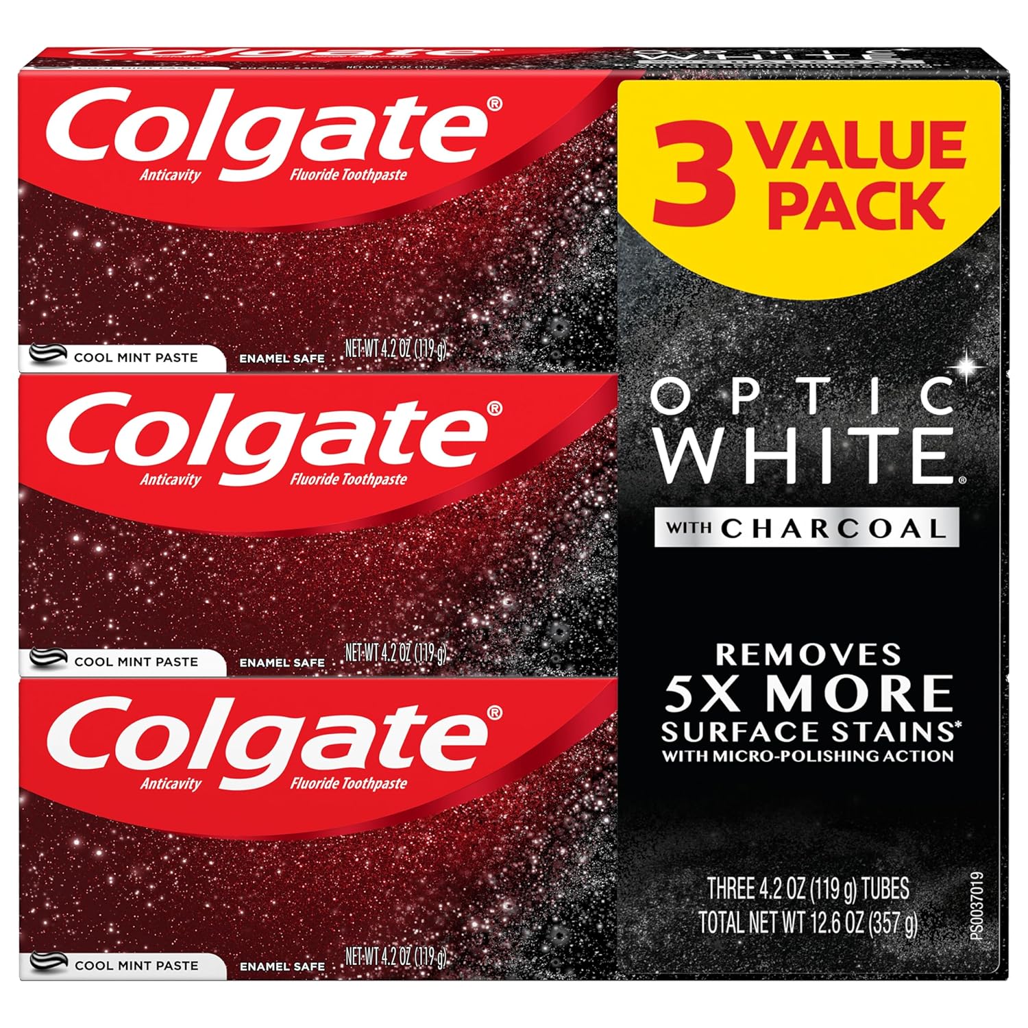 Colgate Optic White with Charcoal Whitening Toothpaste, Cool Mint Flavor, Safely Removes Surface Stains, Enamel-Safe for Daily Use, Teeth Whitening Toothpaste with Fluoride, 3 Pack, 4.2 Oz Tube