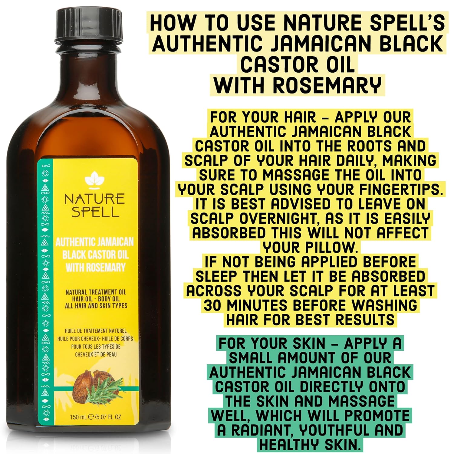 Nature Spell Jamaican Black Castor Oil Infused with Rosemary for Hair & Body, Strengthen Hair Roots & Treat Damaged Hair, 5.07 Fl Oz : Beauty & Personal Care