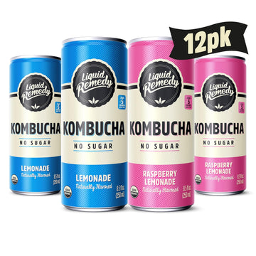 Liquid Remedy Kombucha Sugar Free Organic Drink, Low Calorie, Probiotic Like Tea For Gut Health - Lemon Lovers Variety Pack - 8.5 Fl Oz Can, 12-Pack