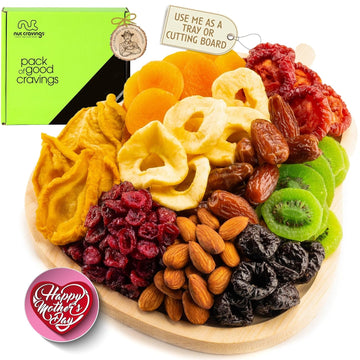 Nut Cravings Gourmet Collection - Mothers Day Dried Fruit & Mixed Nuts Gift Basket in Wooden Pear-Shaped Tray (9 Assortments) Arrangement Platter, Healthy Kosher USA Made