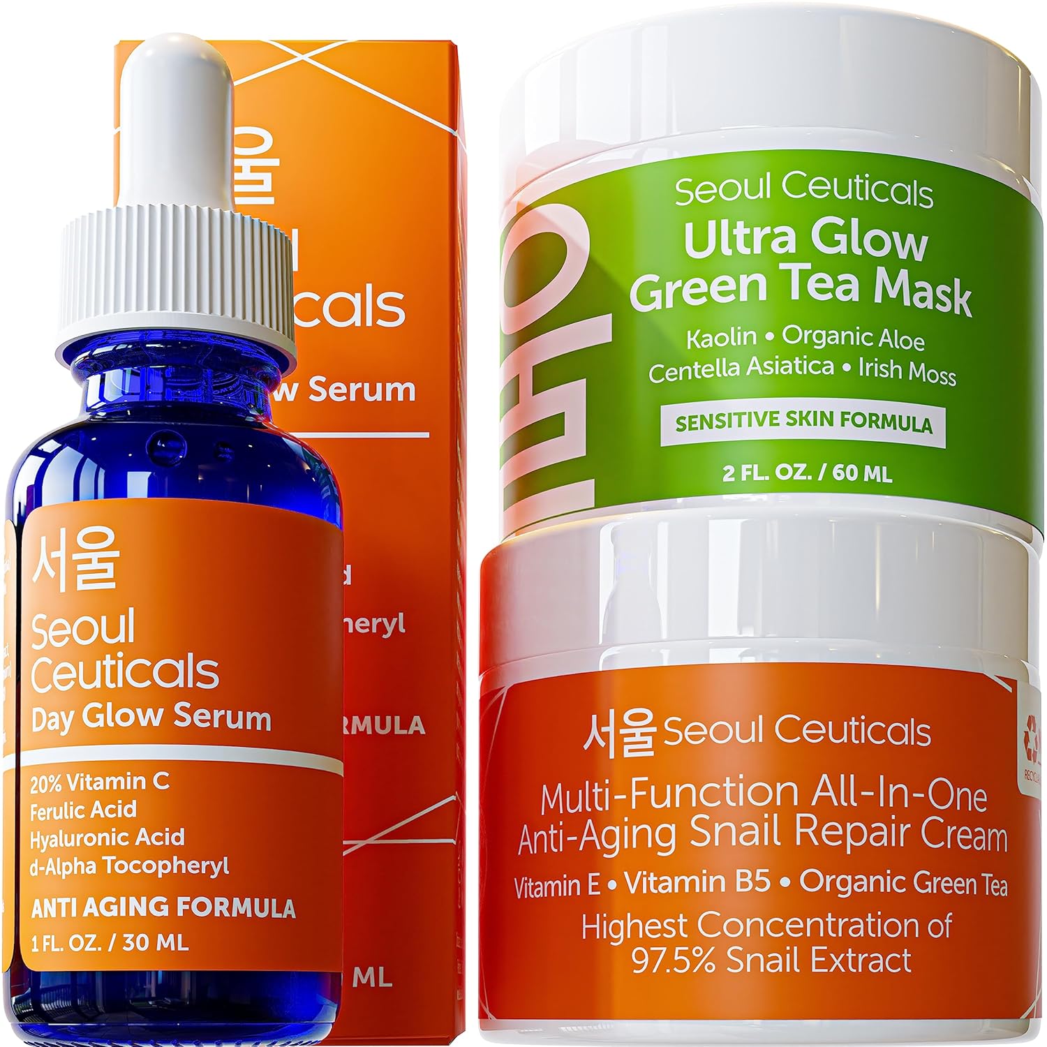 Korean Skin Care Set - Contains Korean Snail Cream + Korean Green Tea Face Mask + Korean Vitamin C Serum - This Potent Korean Skincare Set Provides Healthy, Youthful & Glowing Skin