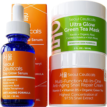 Korean Skin Care Set - Contains Korean Snail Cream + Korean Green Tea Face Mask + Korean Vitamin C Serum - This Potent Korean Skincare Set Provides Healthy, Youthful & Glowing Skin