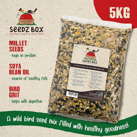 Bird Seed Food For Small Wild Garden Birds 5kg - SeedzBox Deluxe Bird Feed Blend Mix - Grain & Nut Blend - Natural Food for Robins Blackbirds and Sparrows - Millet Peanut Fats and Fibres