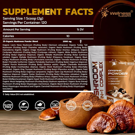 Mushroom Powder, 25 In 1 Mushrooms Supplement - 2000Mg, 25 Superfood Mishroom Lions Mane Powder With Chaga, Shiitake, Cordyceps, Reishi - Lion'S Mane Mushroom - 120 Servings