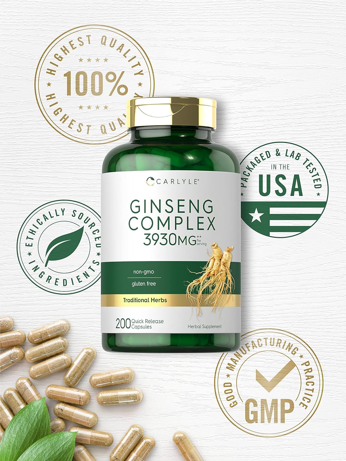 Carlyle Ginseng Complex Capsules | 200 Count | Non-GMO and Gluten Free Extract | Traditional Herbal Root Supplement : Health & Household