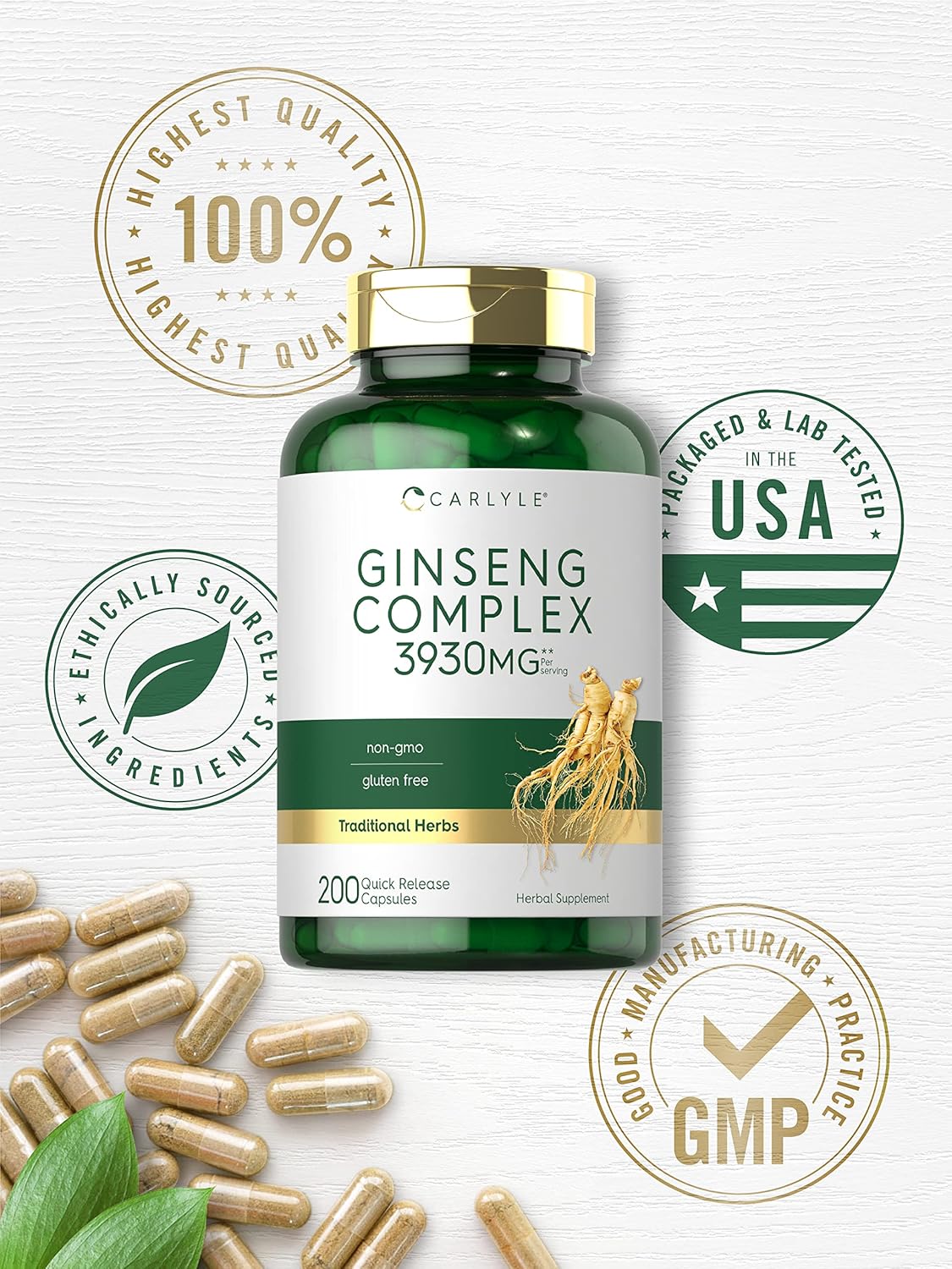 Carlyle Ginseng Complex Capsules | 200 Count | Non-GMO and Gluten Free Extract | Traditional Herbal Root Supplement : Health & Household