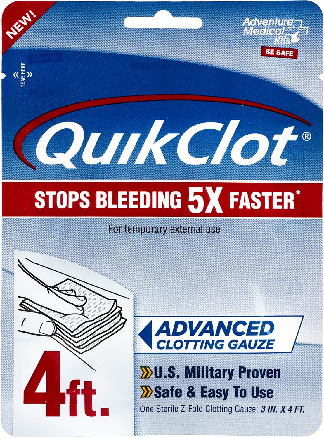 Adventure Medical Kits Quikclot Gauze - Gauze For Emergency Survival Kit, Doomsday Prepping Supplies & More - Stops Bleeding Fast With Kaolin - Flexible Hemostatic Medical Gauze - 3" X 48"