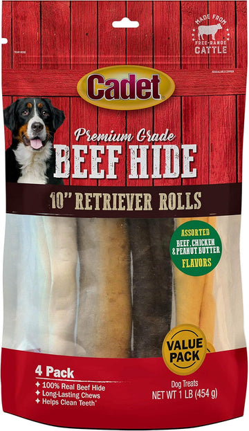 Cadet Premium Grade Beef Hide For Dogs, Rawhide Long Lasting Dog Chews, Chips, Curls & Rolls For Small/Medium/Large Dogs 4 Count (Pack Of 1)