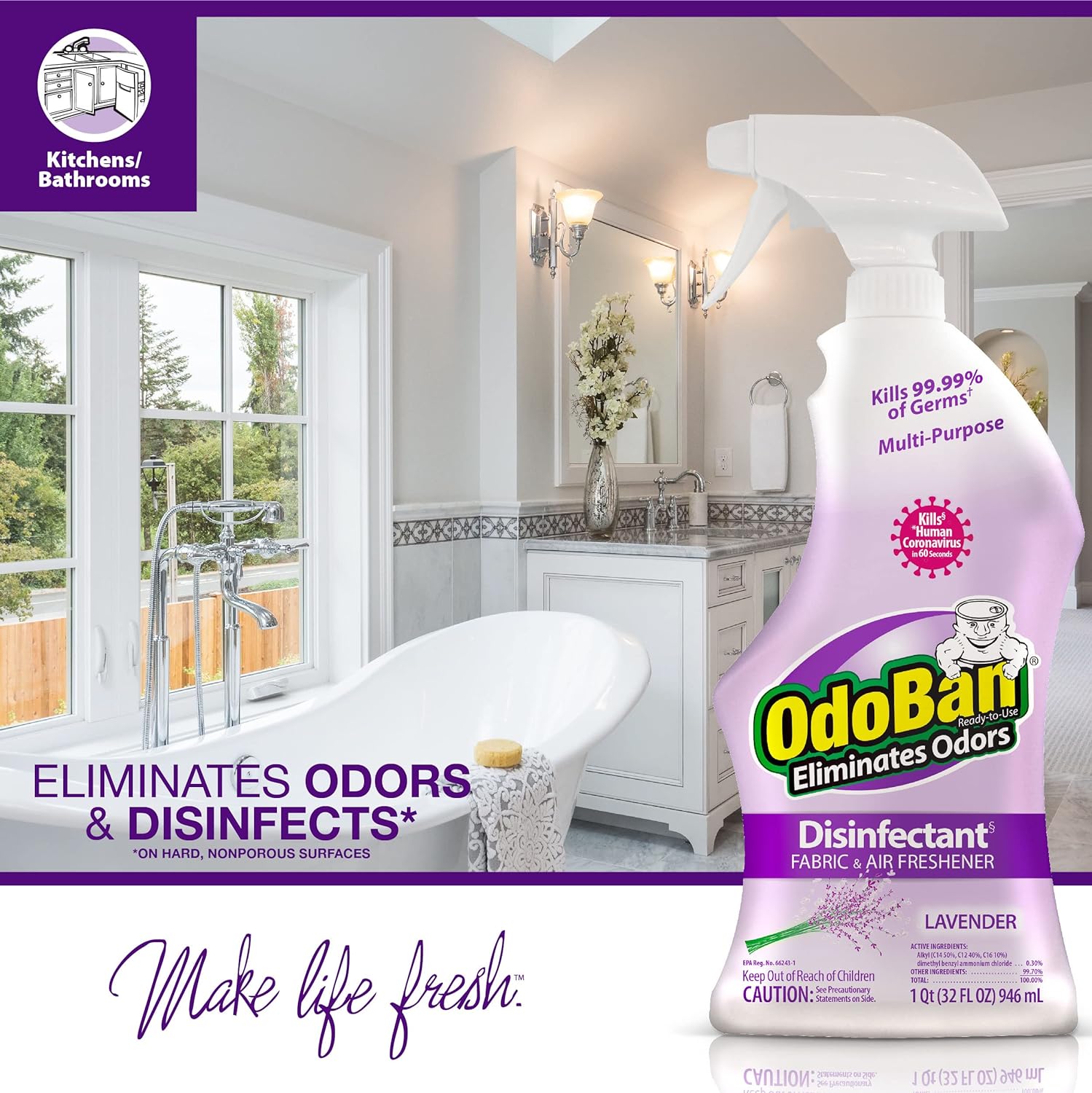 OdoBan Ready-to-Use Disinfectant and Odor Eliminator, 32 Ounce Spray Bottle, Lavender Scent : Health & Household