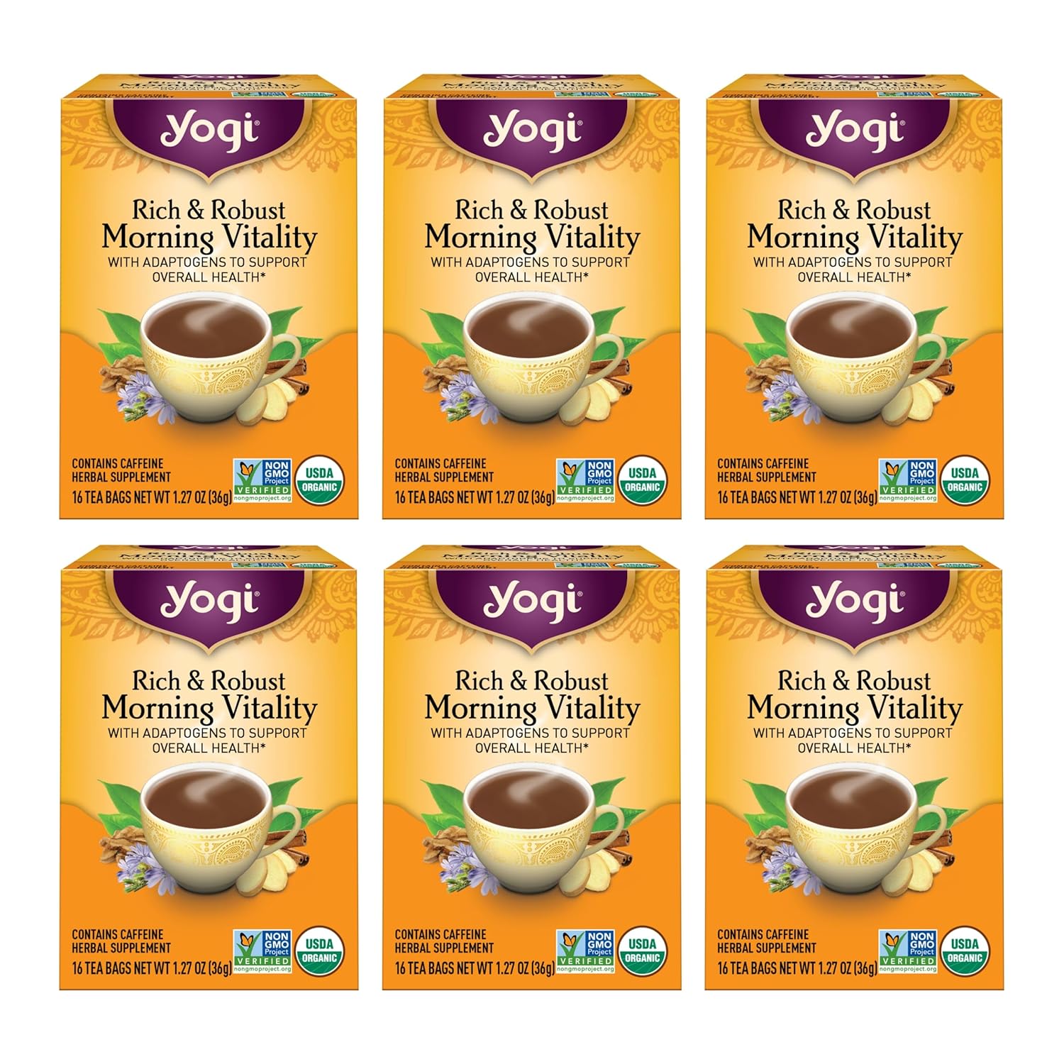 Yogi Tea Rich & Robust Morning Vitality Tea - 16 Tea Bags Per Pack (6 Packs) - Organic Adaptogen Tea Perfect For The Morning - Includes Puerh Tea Leaf, Roasted Chicory Root, Cinnamon Bark & More