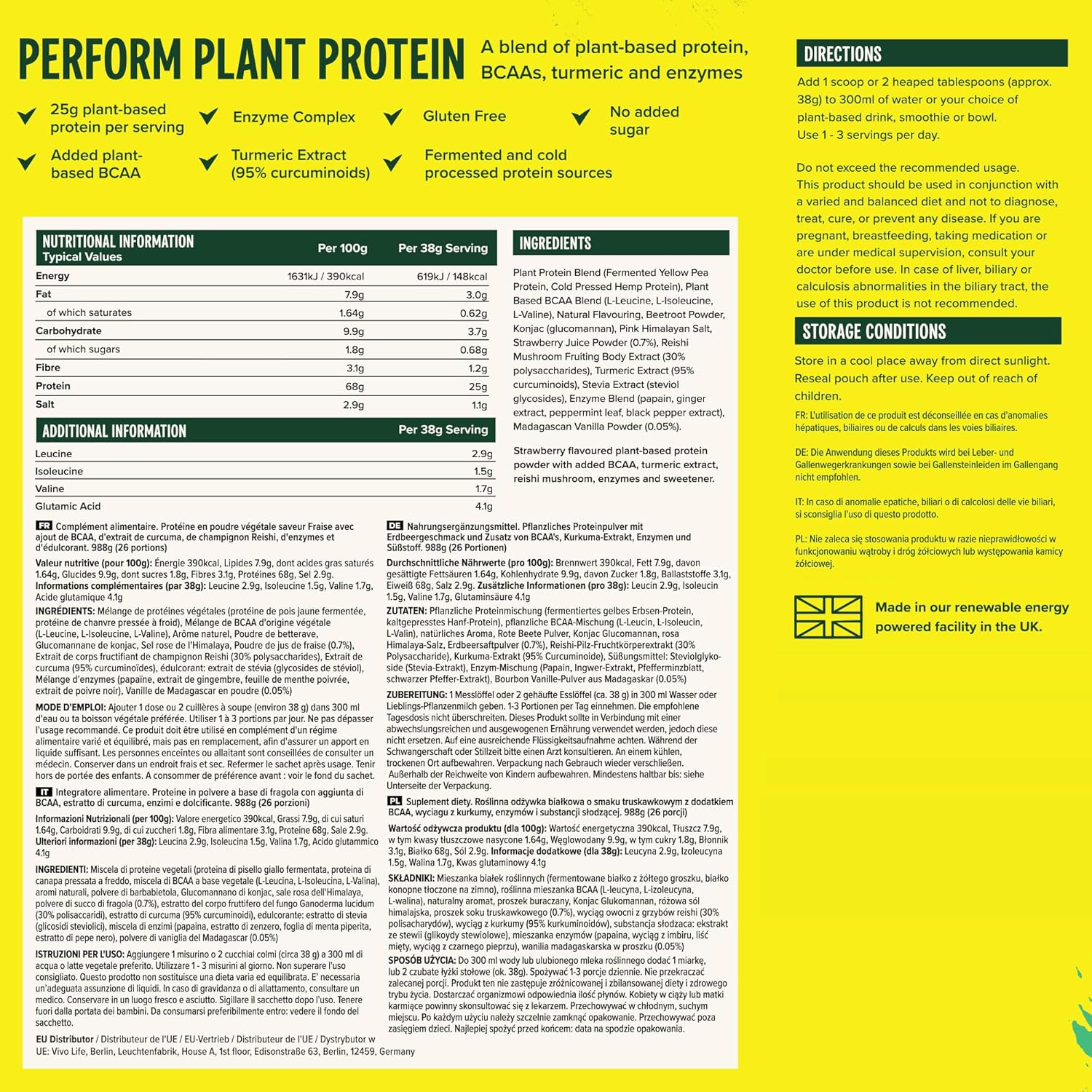 Buy Vivo Life Perform Plant Protein Powder - Vegan Strawberry & Vanilla, 26 Servings - 988G (34.85Oz) - Pea & Hemp Protein Blend With Bcaa On  Free Shipping On Qualified Orders